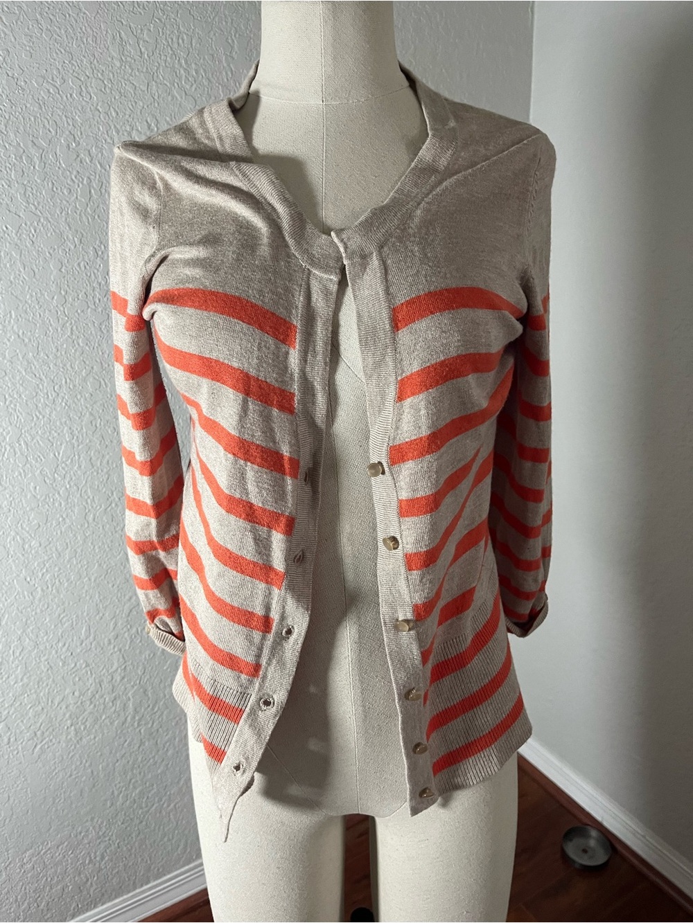 Beige and Coral Striped Women’s Cardigan Sweater